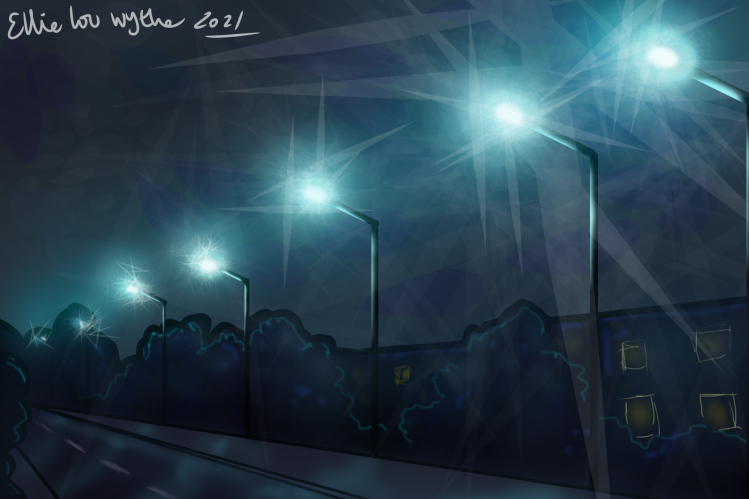 Digital painting. A row of bright, glaring, blue street lights along a road at night with flats in background..
