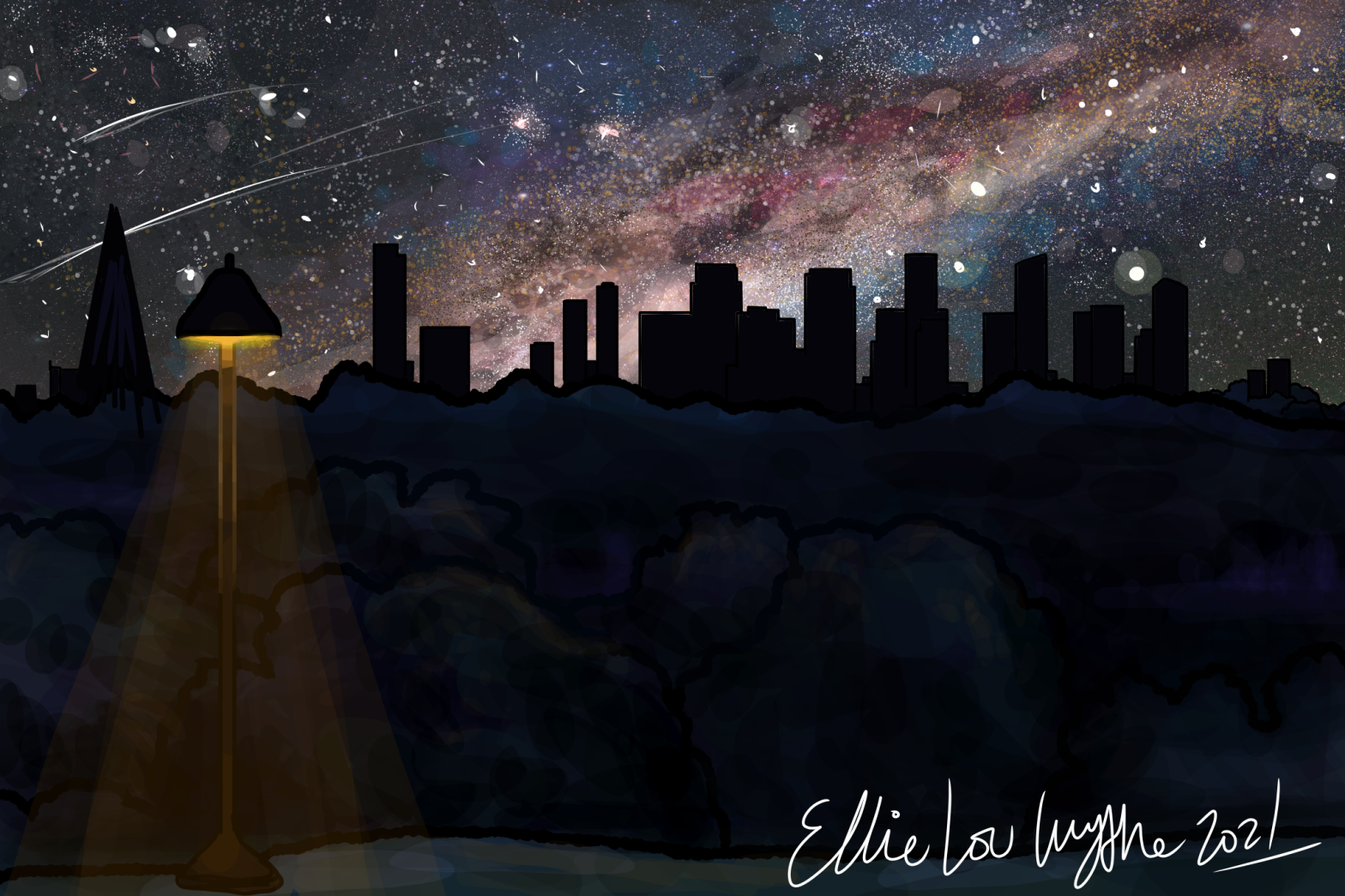 Digital painting. Foreground shows well-shielded amber coloured street light, background shows dark parkland, dark city skyline and a bright night sky with Milky Way and shooting stars.
