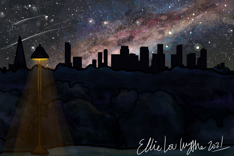 Digital painting. Foreground shows well-shielded amber coloured street light, background shows dark parkland, dark city skyline and a bright night sky with Milky Way and shooting stars.